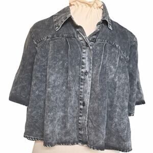 NWT Acid Wash Cropped Button Front Top Black Boxy Blouse Women M Pants Store